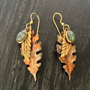 Handcrafted Gold Leaf Drop Earrings with Green Stone Accent
